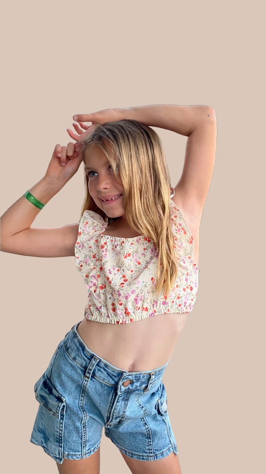 Top FLORENCIA Naranja con Volados - Tela CREPE ESTAMPADA | DonGato Kids