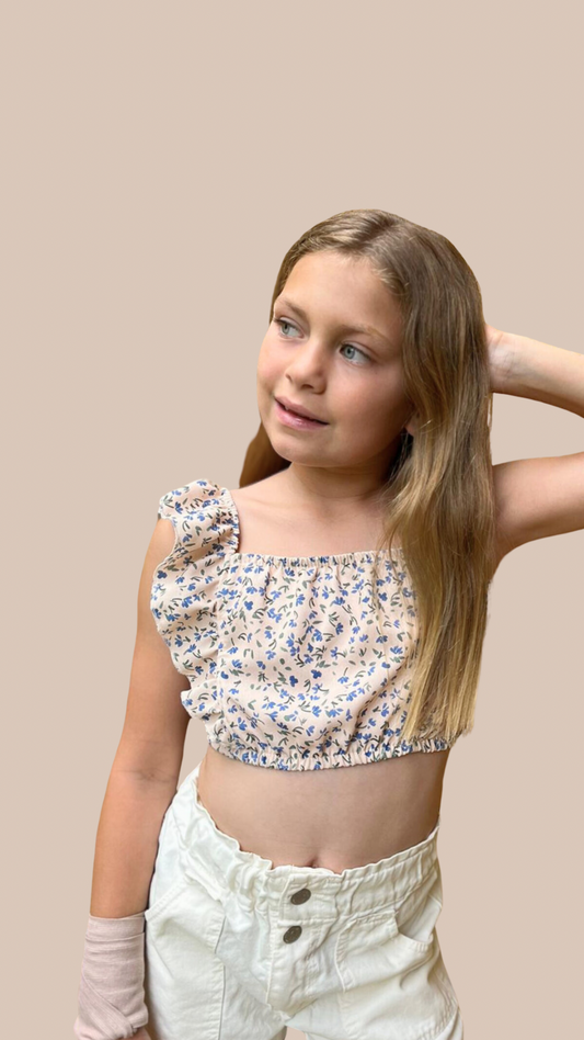 Top FLORENCIA Azul con Volados - Tela Crepe Estampada | DonGato Kids