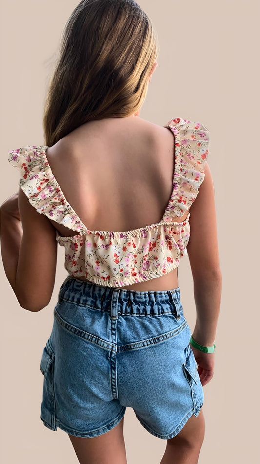 Top FLORENCIA Naranja con Volados - Tela CREPE ESTAMPADA | DonGato Kids
