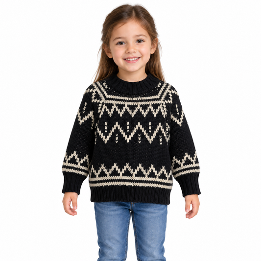Buzo tejido Bariloche - Don Gato Kids — modelo con la prenda sobre fondo blanco.