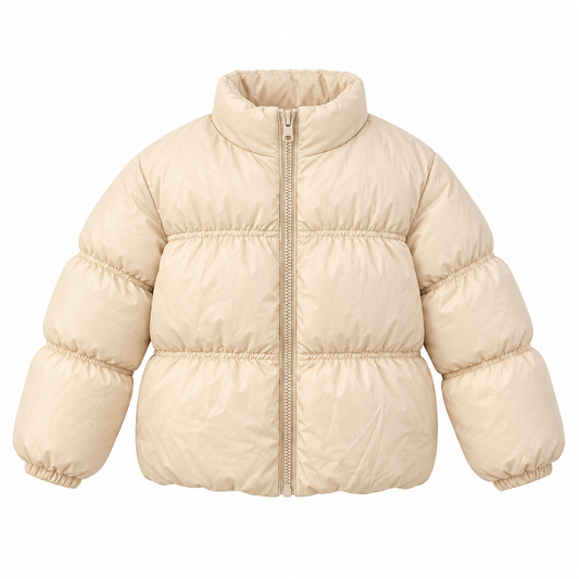 Campera Puffer Beige - Don Gato Kids — prenda sola de frente sobre fondo blanco, formato cuadrado.