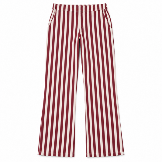 Pantalón a Rayas bordó y crudo, vista frontal de la prenda sola sobre fondo blanco.