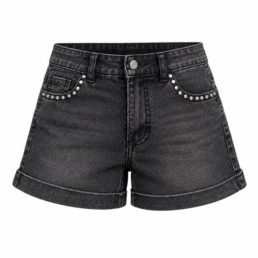 Short Jean Black negro lavado con tachas - prenda sola de frente - Don Gato Kids