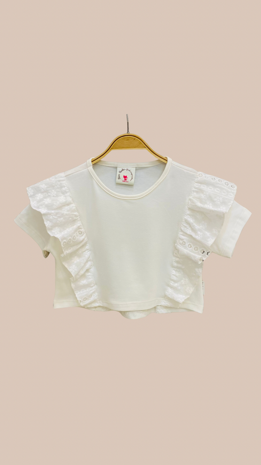 Remera con Volados BLANCA - Tela Jersey y Broderie | DonGato Kids