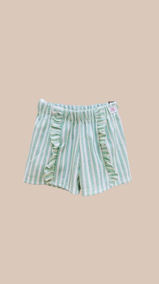 Short Lore con Volado al Frente y Rayas verde agua  - Tela Footer sin Frisa con Lurex | DonGato Kids