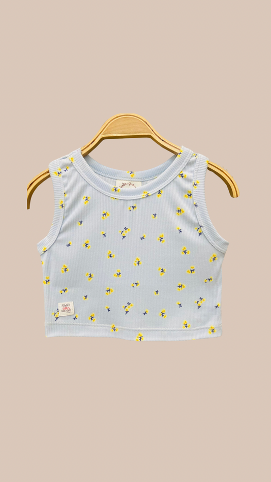 Musculosa Celeste con Florecitas Amarillas - Tela 100% Morley | DonGato Kids