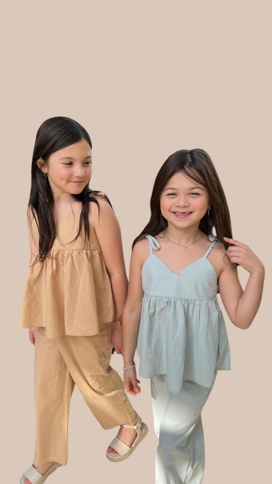 Conjunto Sofi Beige (Top + Pantalón) - Tela Camisería de Algodón | DonGato Kids