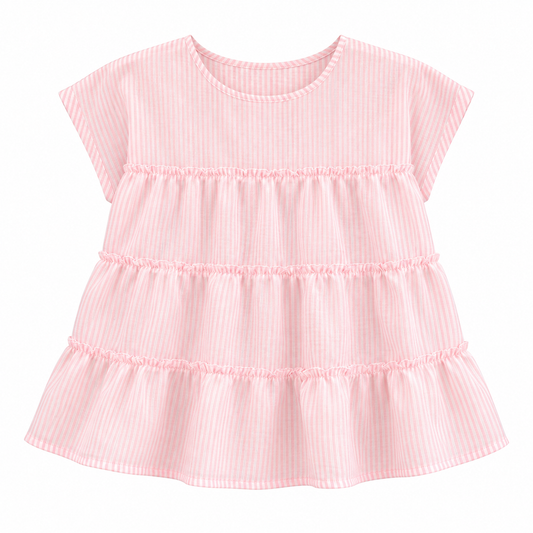 Blusa Lino Alfo rosa con rayas blancas, vista frontal de la prenda sola sobre fondo blanco.