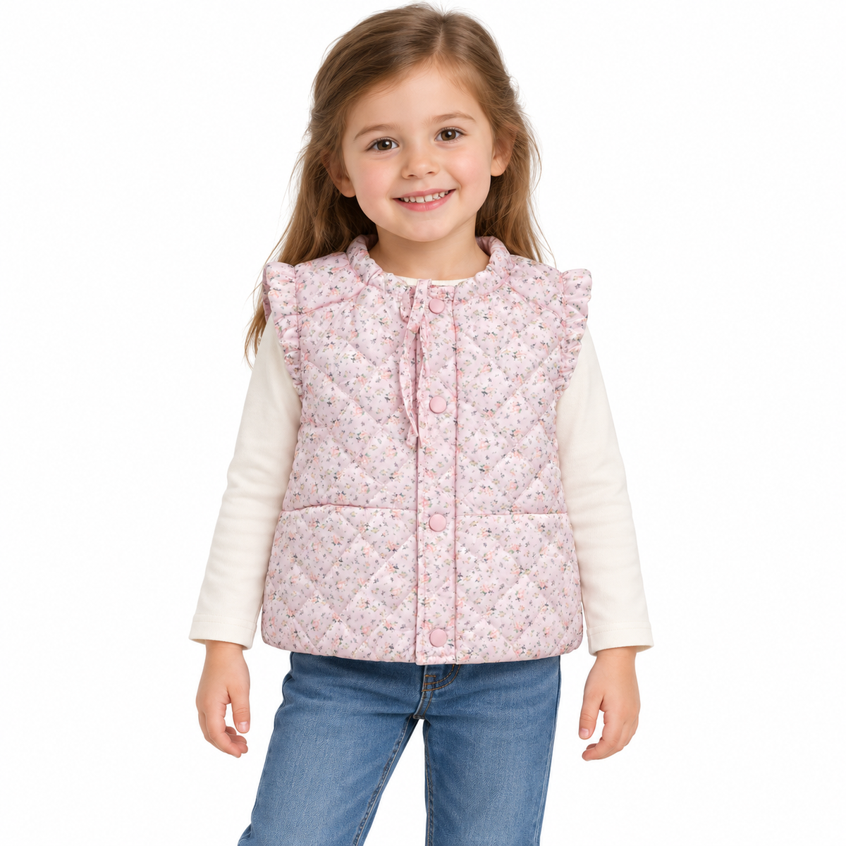 Chaleco Cuello Redondo Rosa - Don Gato Kids — modelo con la prenda sobre fondo blanco.