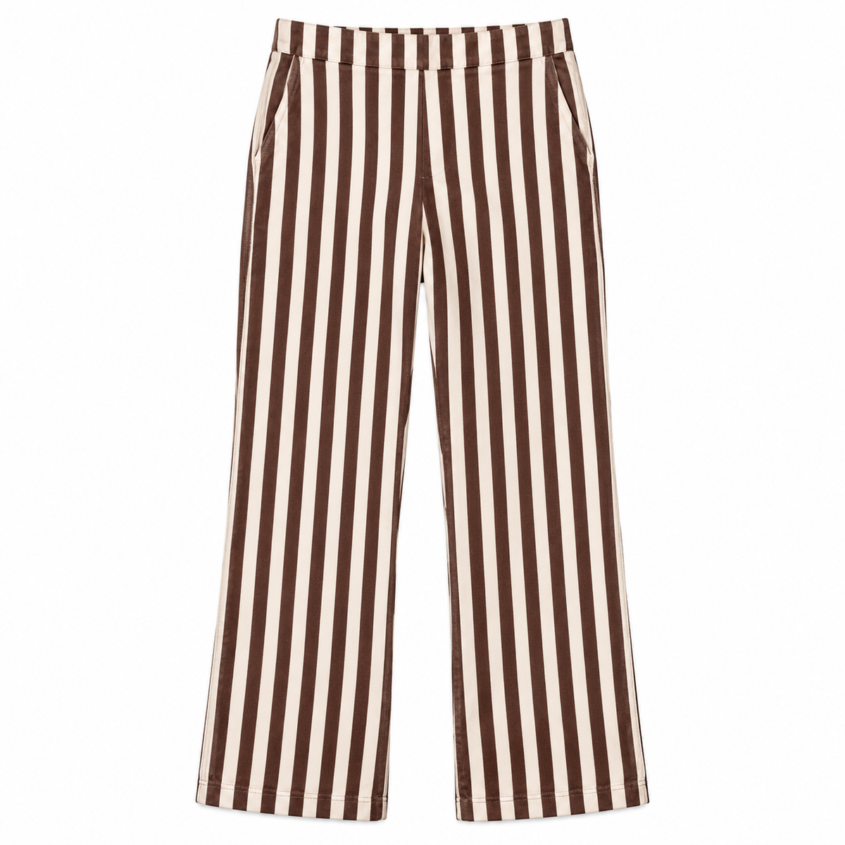 Pantalón a Rayas marrón y crudo, vista frontal de la prenda sola sobre fondo blanco.
